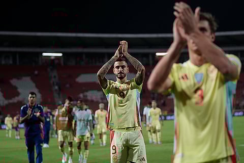 2024-25 Nations League Football Serbia vs Spain: Spain's Joselu and team mates applaud fans after the match